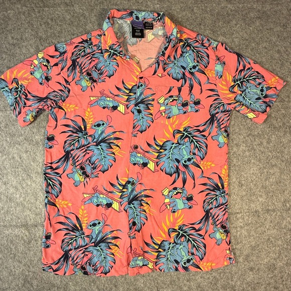 Disney Other - Disney Stitch Shirt Mens Medium Pink Tropical Hawaiian Button Down Short Sleeve